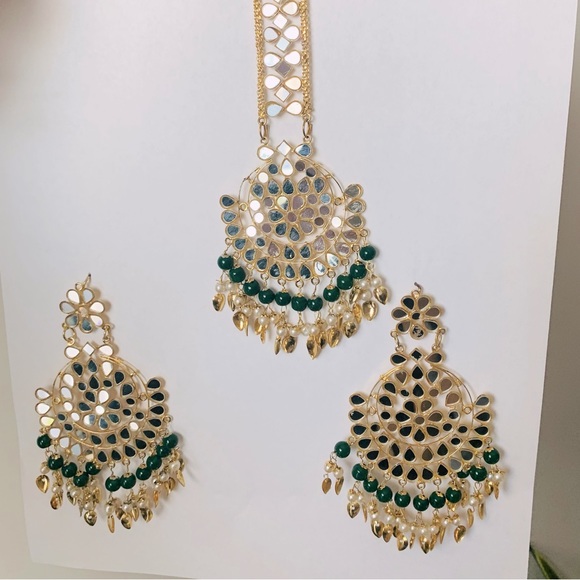 Jewelry Set Earrings Tika Headpiece Indian Bollywood Mirror Work Kundan Bead - Picture 1 of 8